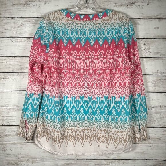 Chico's Ikat Cotton Print Rolltab Sleeve Pink Turquoise Blouse Top 1/ M - Picture 2 of 6
